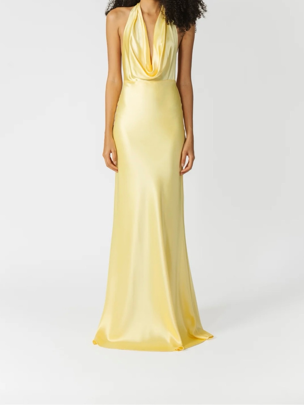 Satin Cowl Halter Maxi Dress in Pale Yellow